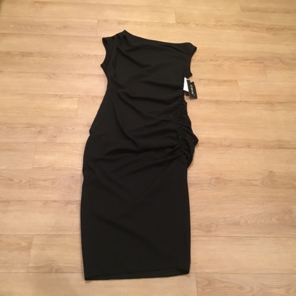 NWT OWIN Black Off Shoulder Ruched Bodycon Cocktail Midi Dress Size Medium - Picture 5 of 7